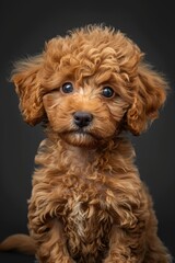 Poster - A small brown dog sitting on a table, perfect for use in home decor or pet-themed designs