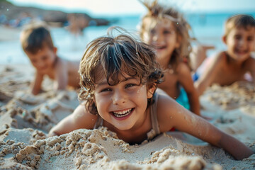 Wall Mural - Funny children kids playing at the beach seaside poolside aquapark summer leisure weekend time, Generative AI