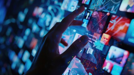 A hand is touching a screen with a lot of icons on it