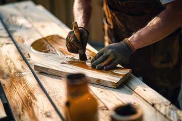 Male Carpenter Applying Varnish To Wooden Furniture. Cropped view of male carpenter applying stain to wooden furniture. Vertical shot.