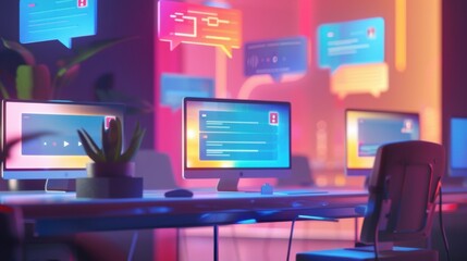 A computer desk with several monitors and a chair