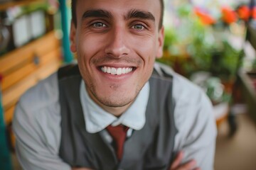 Wall Mural - Small businessman smiling looking at camera. Small businessman smiling looking at camera.