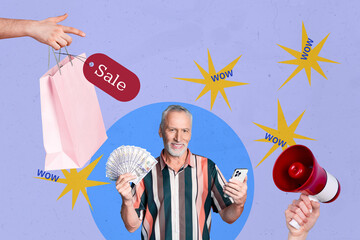 Sticker - Composite photo collage of happy old man hold cash phone shopping order megaphone sale bags purchase discount isolated on painted background