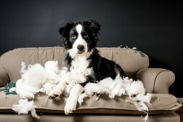 naughty but cute puppy a border collie trying not to look guilty after tearing the stuffing of of a 