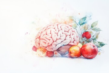 A vibrant watercolor illustration of a brain surrounded by various fruits, symbolizing creativity and nourishment.