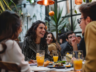 Group of friends enjoying a meal together at a restaurant, sharing laughs and conversation happily.