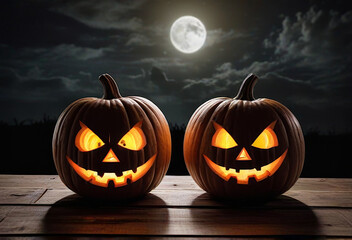 Wall Mural - two large carved jack-o'-lanterns with glowing ominous faces on a wooden surface against the backdrop of the moon