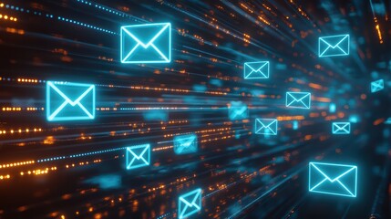 Dynamic digital illustration of glowing email icons in motion, representing fast communication and technology.