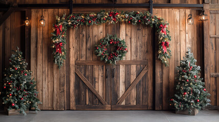 Rustic Christmas scene with wooden barn doors decorated with festive wreaths and garlands, flanked by decorated Christmas trees.