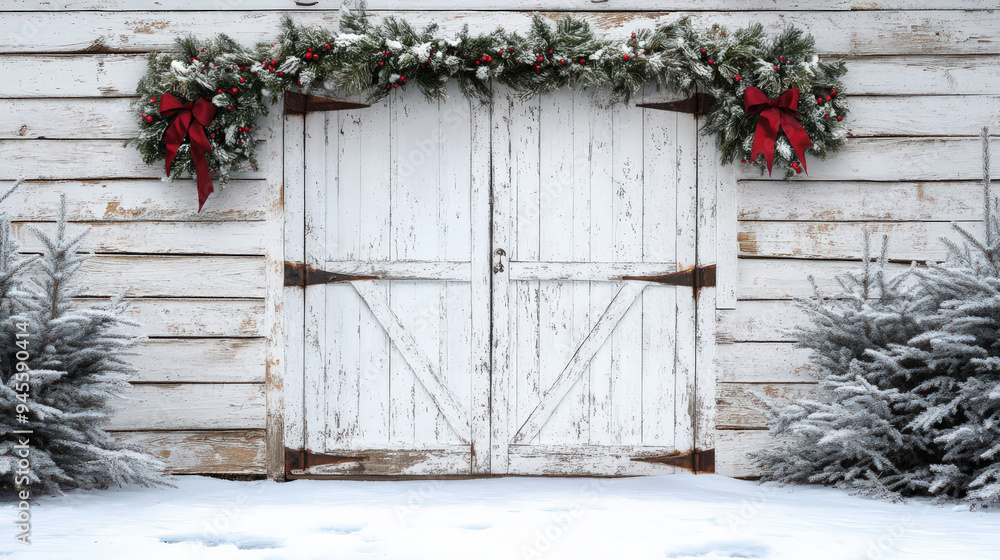 Rustic Barn Ribbon Rustic white barn door adorned with festive green garland and red ...