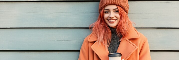 Wall Mural - A woman with red hair and a red coat is smiling and holding a coffee cup. Concept of warmth and comfort, as the woman is dressed for the cold weather and enjoying a hot beverage