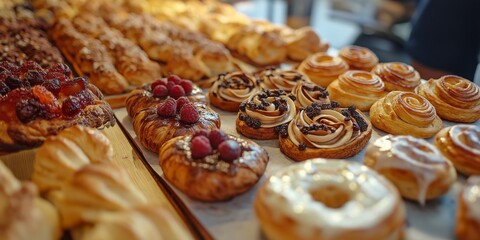 A variety of pastries, including donuts and croissants, are displayed on a counter