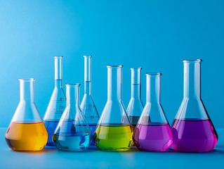 Wall Mural - A set of glass laboratory equipment with different colored liquids in beakers and flasks