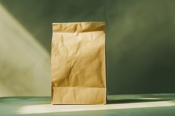 A brown paper bag sits on top of a table, providing a simple and humble presence