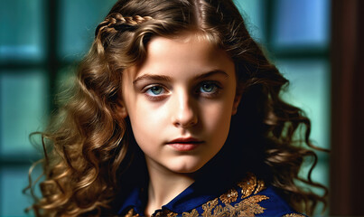 A young girl with long, curly hair looks intensely at the camera, her blue eyes piercing