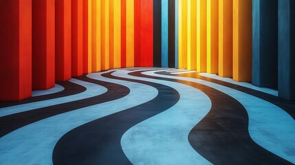 Canvas Print - A colorful hallway with a blue stripe and a red stripe