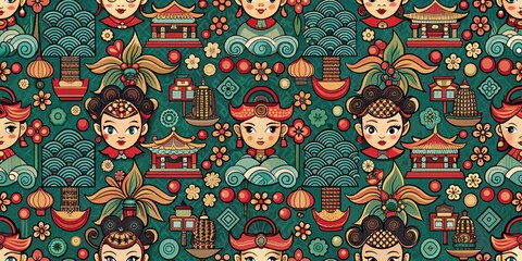 Asian-inspired seamless fabric pattern with a modern pop culture twist, Asian, seamless, fabric, pattern, pop culture, modern