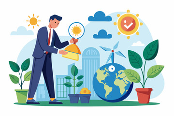 Sticker - Sustainability business, ESG environmental social governance, green or clean energy, eco friendly ecology to help climate change, recycle concept, businessman pouring ecology plant with clean energy.
