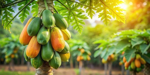 Fresh papaya fruits hanging from tree in lush garden , Papaya, fruits, tree, garden, Washington DC, ripe, organic, tropical