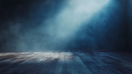 A dark room with a blue background and a wooden floor