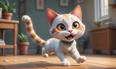 A white and orange tabby cat with big eyes runs across a wooden floor in a home