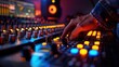 © Nawarit - Photo-realistic close-up of a sound engineer adjusting mixing console, intricate details, lifelike textures, hyper-detailed