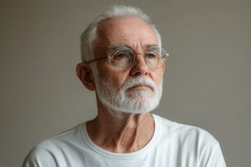Aufkleber - An elderly man with a white beard and glasses gazes thoughtfully into the distance, his expression serene in a softly lit indoor setting. Generative AI