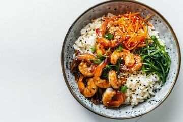 a bowl of shrimp, rice, and vegetables on a table