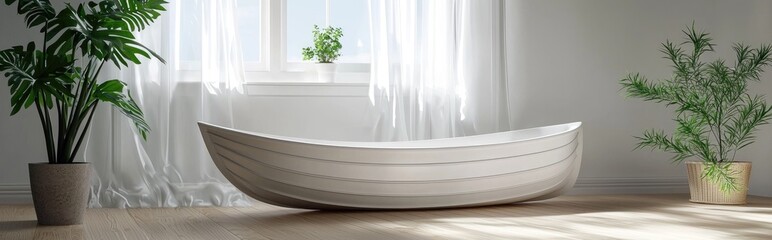 3D rendering of a white plastic boat in an interior setting