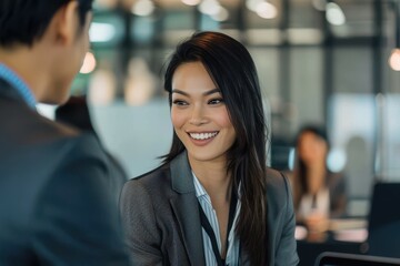 Wall Mural - Smiling businesswoman talking to a colleague Business persons talking in the office