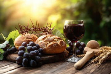 Rustic scene of bread, wine, and grapes on a wooden table, evoking warmth and tradition.
