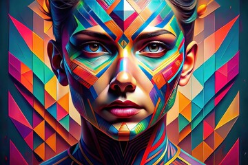 Stylized, colorful, geometric facial features with bold lines, shapes, and abstract patterns, creating a futuristic, digital, and modern representation of a human face.