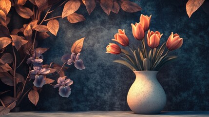 3D rendering of a captivating still life featuring tulips and irises with a light vase contrasting against a backdrop of dark leaves The volumetric execution technique enhances the sense of moveme