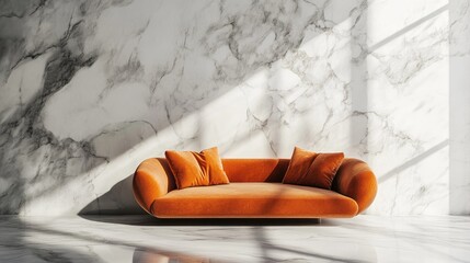 Aufkleber - 3D rendering of a modern sofa in an abstract interior with a marble surface