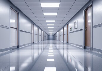  Empty Hospital Corridor with Shiny Floor