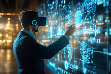 Wall Mural - virtual reality businessman: immersed in a world of data and innovation, a businessman interacts wit