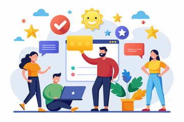 Social media customer feedback review, employee satisfaction, positive feedback on online ranking, giving high score rating, like or happy opinion concept, people carry social feedback elements.
