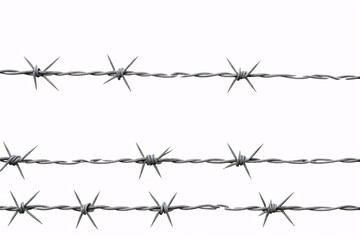 Three rows of barbed wire isolated on white background.