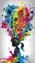 A colorful illustration portrays a silhouette of a child with a ponytail. Emerging from the child's head, a cascade of vibrant colors and creative doodles, including swirls, light bulbs, and abst...