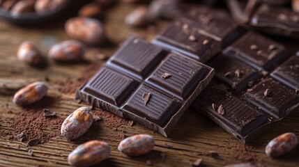 Dark chocolate pieces stacked on a rustic wooden board with scattered cocoa beans, showcasing a rich and intense chocolate flavor in a warm and earthy setting