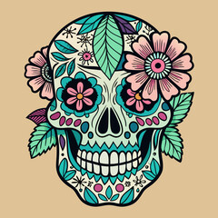 Sticker - skull hand drawing with flower vector illustration