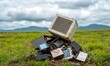 © AucArtStudio - abandoned old crt monitor and computer parts in a field, electronic waste, technology trash, e-waste disposal, environmental pollution.