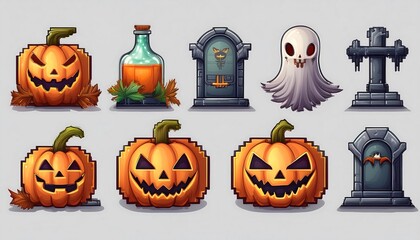 Wall Mural - Pixelated Haunted Halloween Props - set of 16-bit pixel art Halloween game assets, including pumpkin, tomb ghost. Game design assets. Graphic art 8 bit illustration isolated