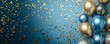 © Creation    Art - Celebration gold and blue balloons, confetti and ribbons. Festive background for birthday, anniversary, new year, christmas theme. Generative Ai 
