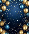 © Creation    Art - Celebration gold and blue balloons, confetti and ribbons. Festive background for birthday, anniversary, new year, christmas theme. Generative Ai 