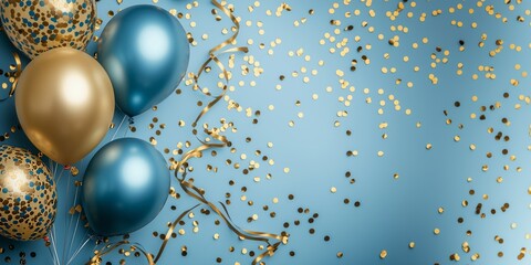 Celebration gold and blue balloons, confetti and ribbons. Festive background for birthday, anniversary, new year, christmas theme. Generative Ai 