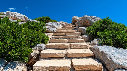 A scenic view of stone steps winding through greenery under a clear blue sky, inviting exploration and adventure.