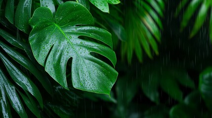 Wall Mural - lush green tropical rainforest leaves in the rain with water droplets - natural background texture