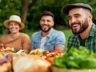 happy friends enjoying a delicious picnic meal outdoors in nature - laughter, togetherness, and fresh food