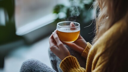 Wall Mural - Mental health awareness. Mental health awareness. a person practicing mindfulness meditation in a quiet, serene environment. A woman in a cozy sweat